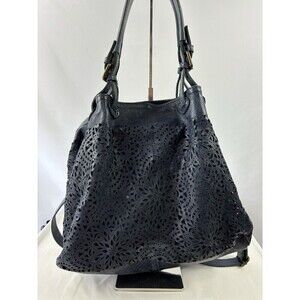 Italian Shoulder Bag Navy Blue Laser Cut Roomy Crossbody Divided Adjustable
